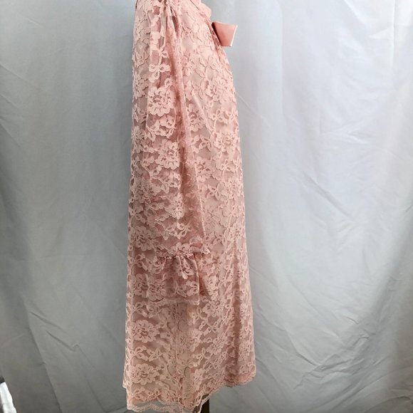 Vintage Handmade Lace Pink Dress Long Sleeve Bow Front Metal Zipper 60s - Picture 11 of 13